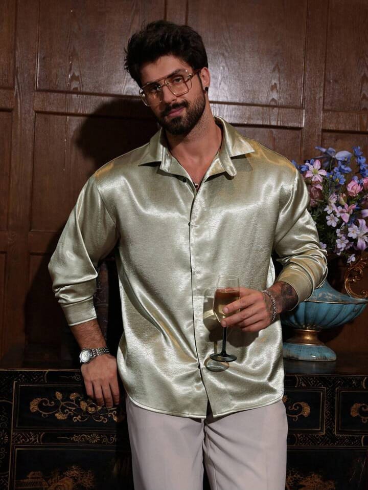 Men's Solid Green Casual Party Shirt, Spring/Summer Long Sleeve